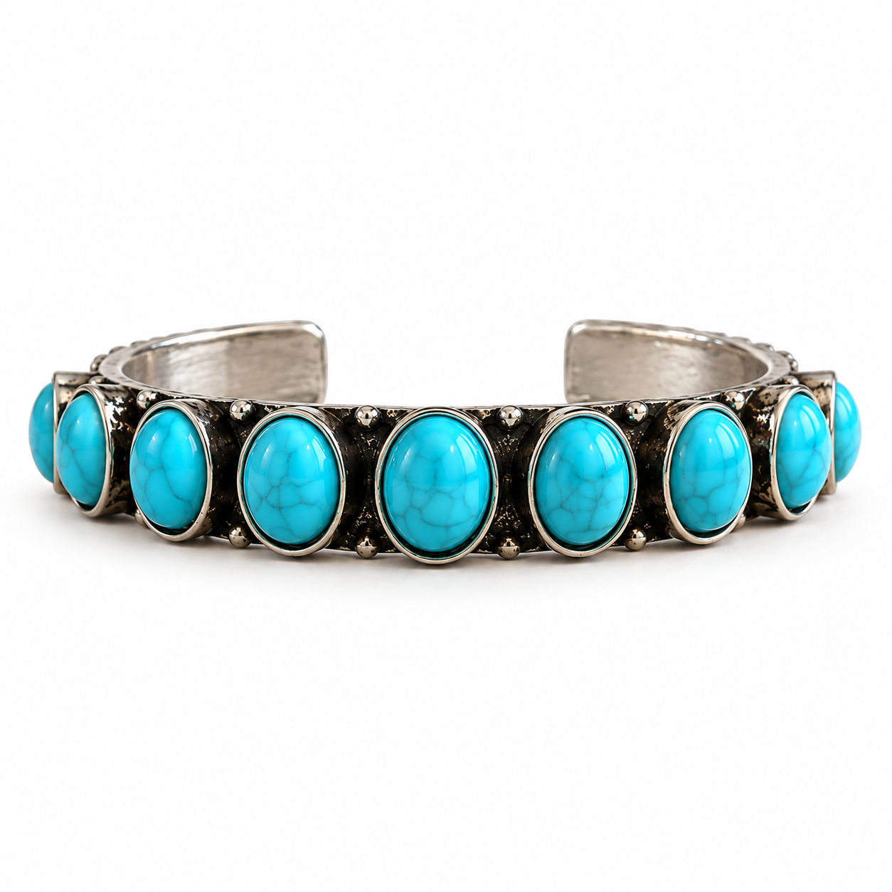 Bracelet jonc mixte réglable en pierres turquoise, vue de face sur fond blanc