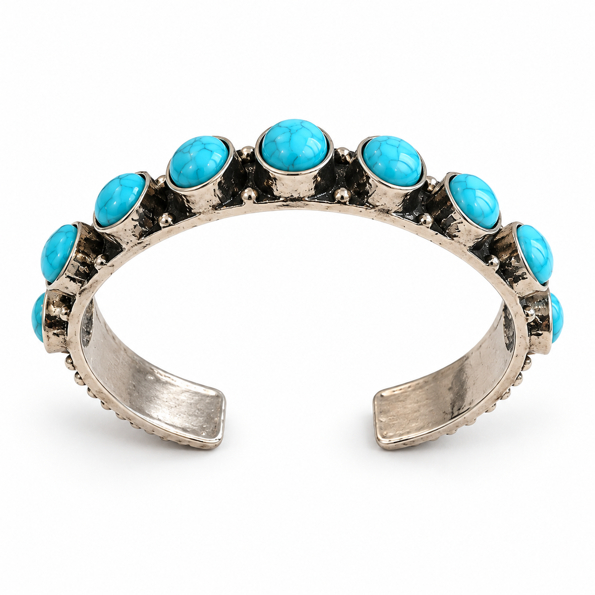 Bracelet jonc turquoise mixte, vue de l’intérieur et de l’ouverture réglable sur fond blanc